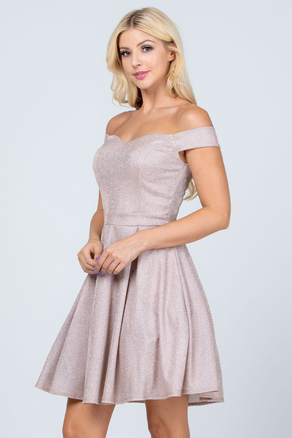 Off the shoulder skater dress in non falling glittered jacquard fabric