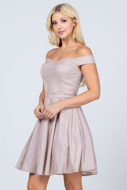 Off the shoulder skater dress in non falling glittered jacquard fabric