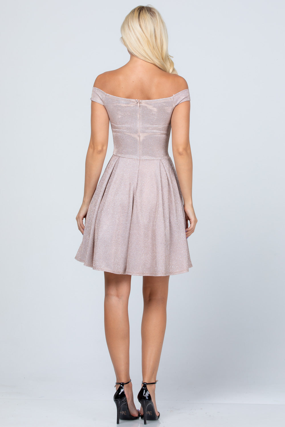 Off the shoulder skater dress in non falling glittered jacquard fabric