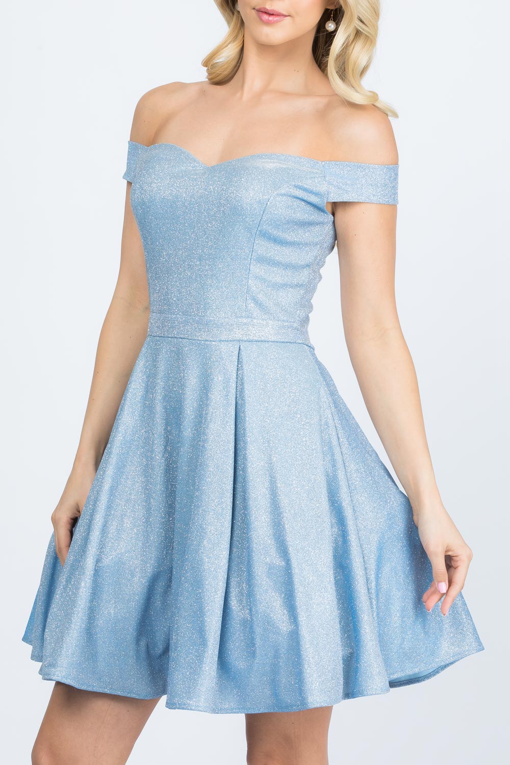Off the shoulder skater dress in non falling glittered jacquard fabric