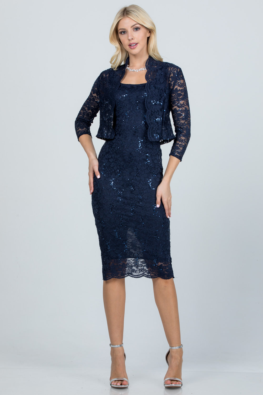 Sequin lace bottom scallop pencil dress with matching scallop
