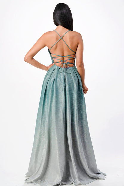 back lace up glitter ombre gown for prom, quinceanera, special occasion