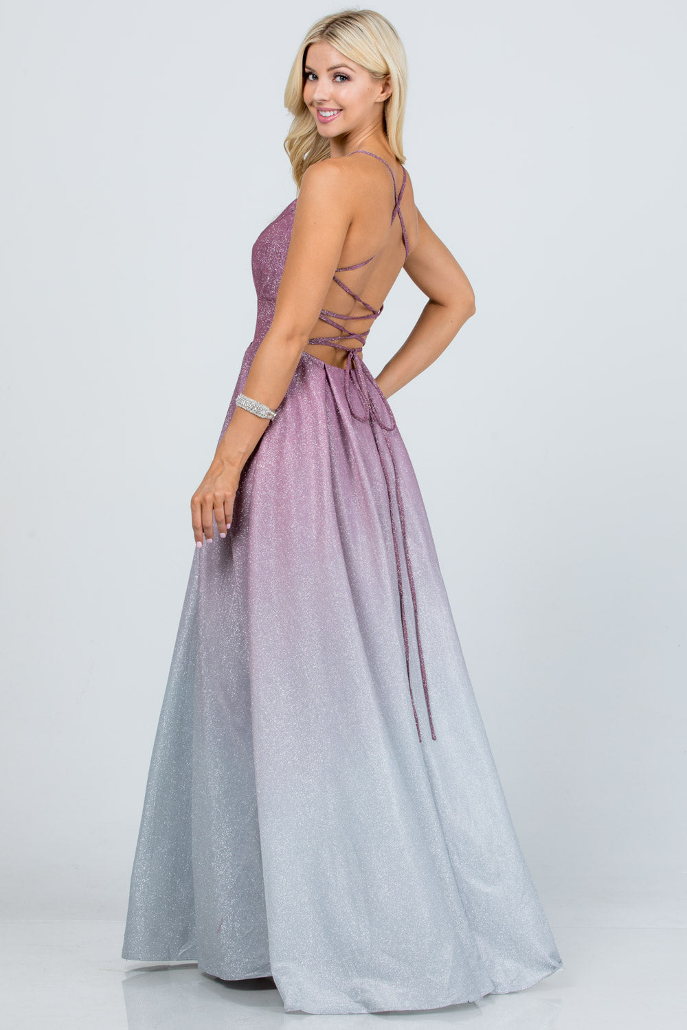 back lace up glitter ombre gown for prom, quinceanera, special occasion