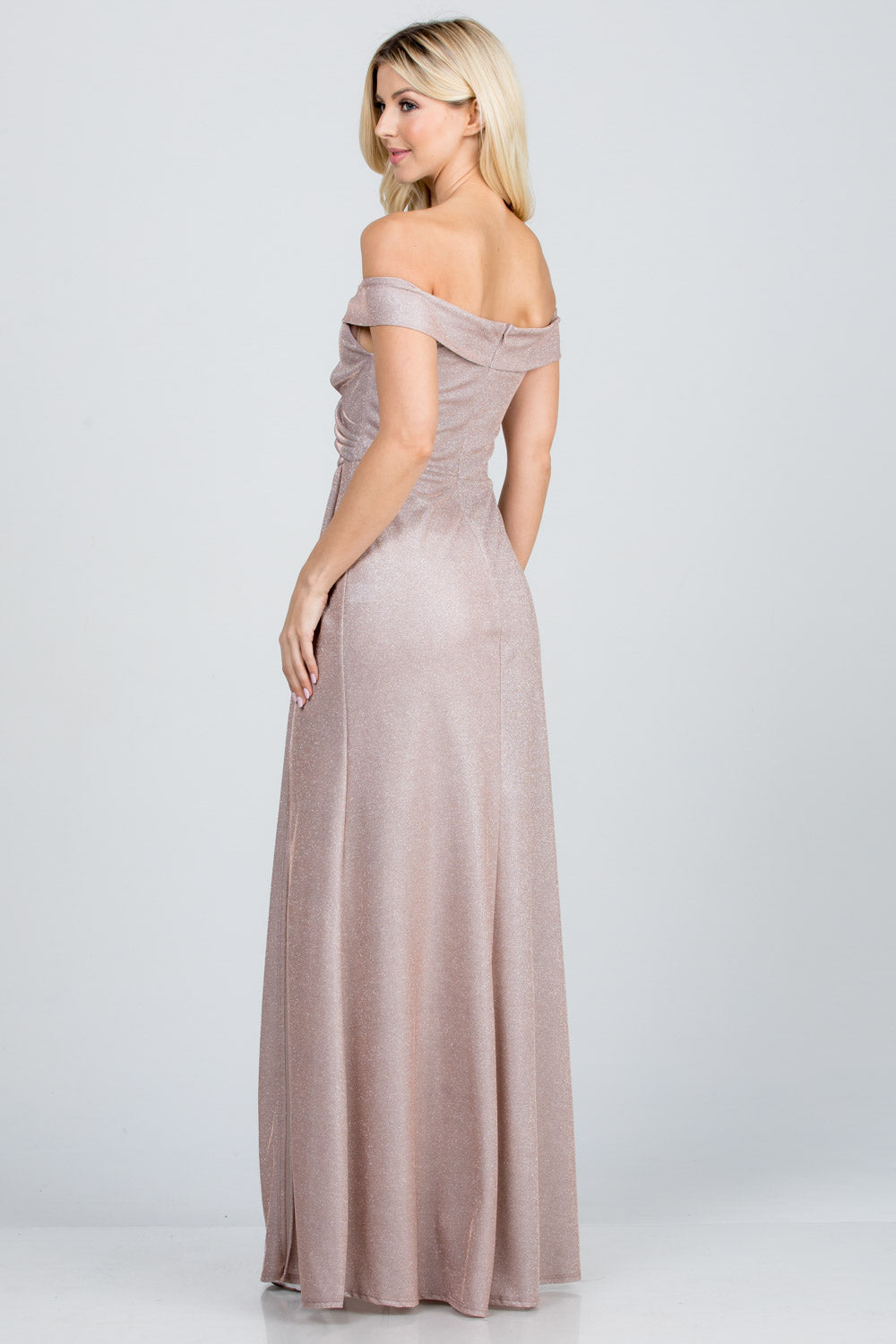 Off the shoulder glittery jacquard gathered gown with open side