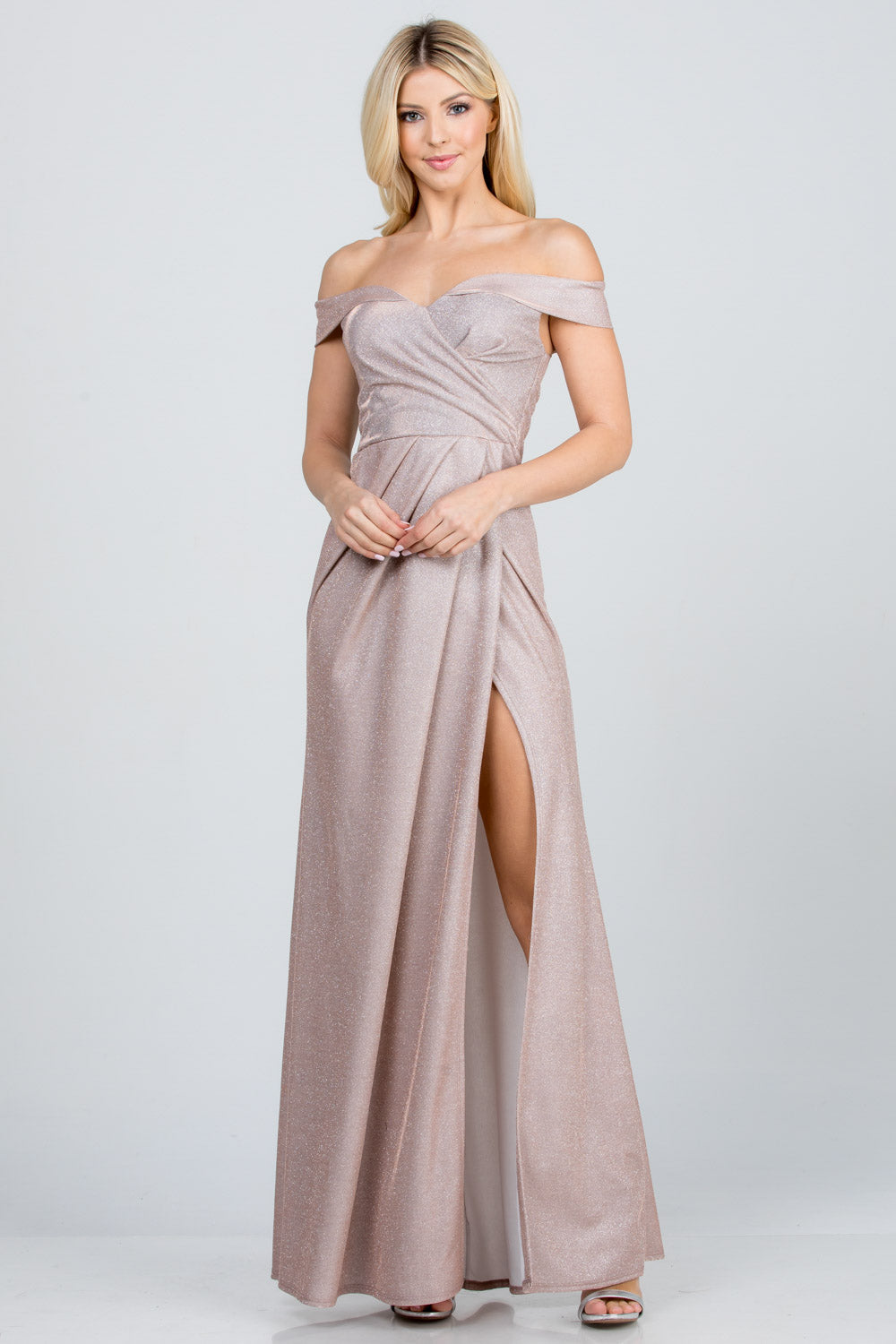Off the shoulder glittery jacquard gathered gown with open side