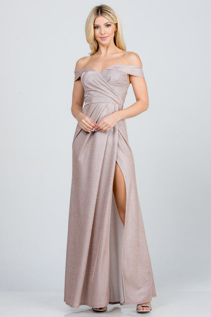 Off the shoulder glittery jacquard gathered gown with open side