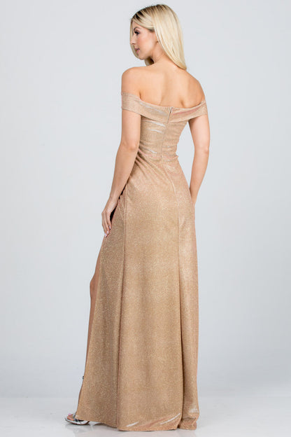 Off the shoulder glittery jacquard gathered gown with open side
