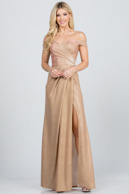 Off the shoulder glittery jacquard gathered gown with open side