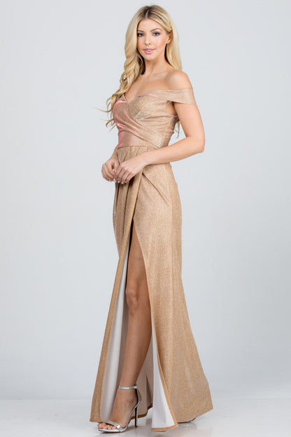 Off the shoulder glittery jacquard gathered gown with open side