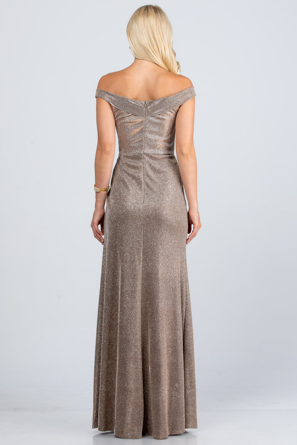 Off the shoulder glittery jacquard gathered gown with open side