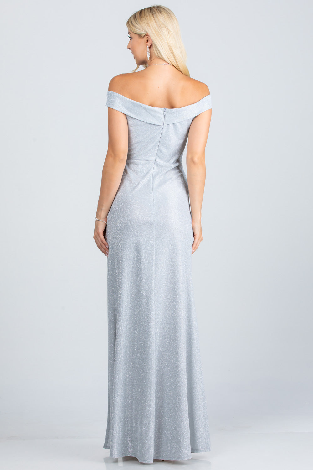 Off the shoulder glittery jacquard gathered gown with open side