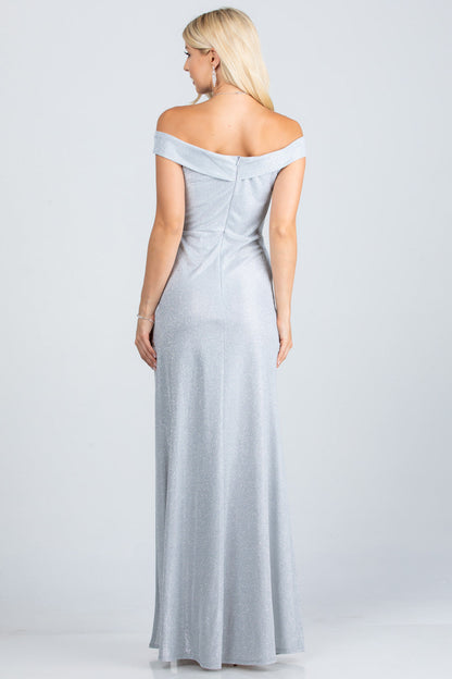 Off the shoulder glittery jacquard gathered gown with open side