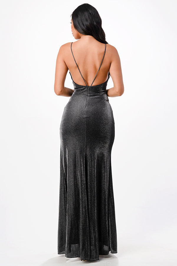 Sparkling knit jacquard side gather spaghetti strap mermaid gown with side slit