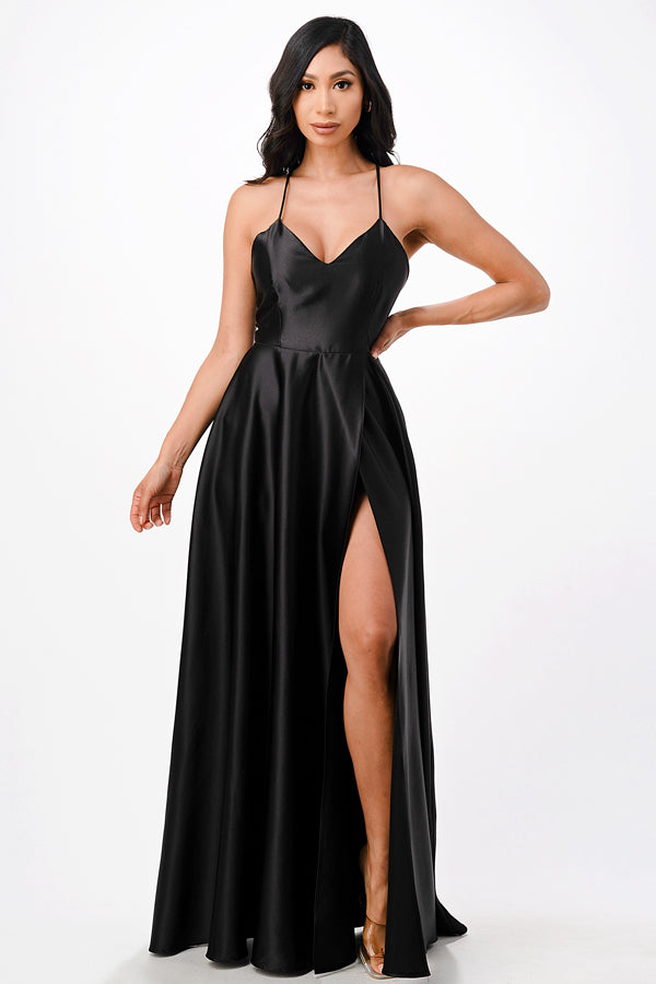 Open side back spaghetti zig zag tie stretch satin gown.