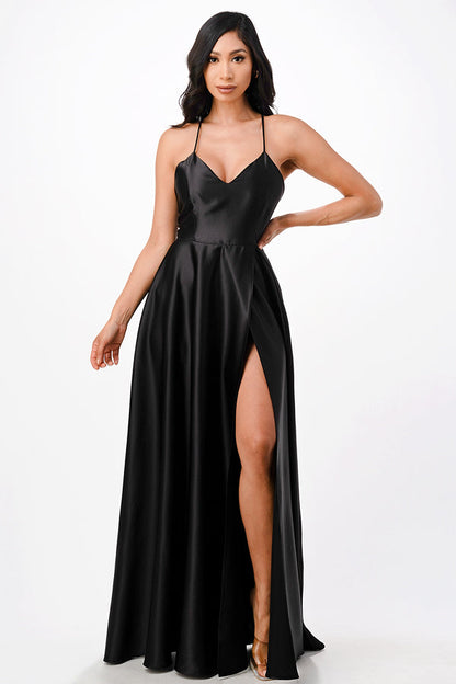 Open side back spaghetti zig zag tie stretch satin gown.