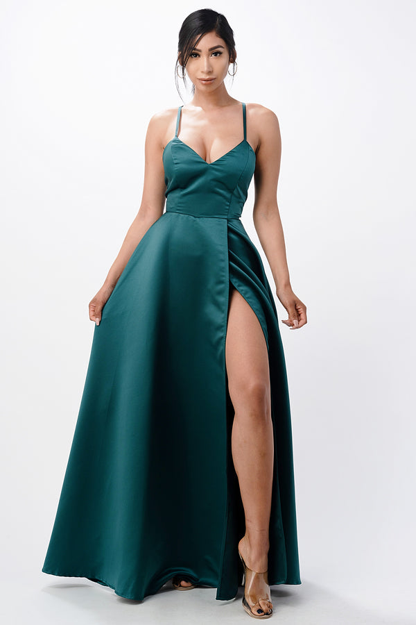 Open side back spaghetti zig zag tie stretch satin gown.