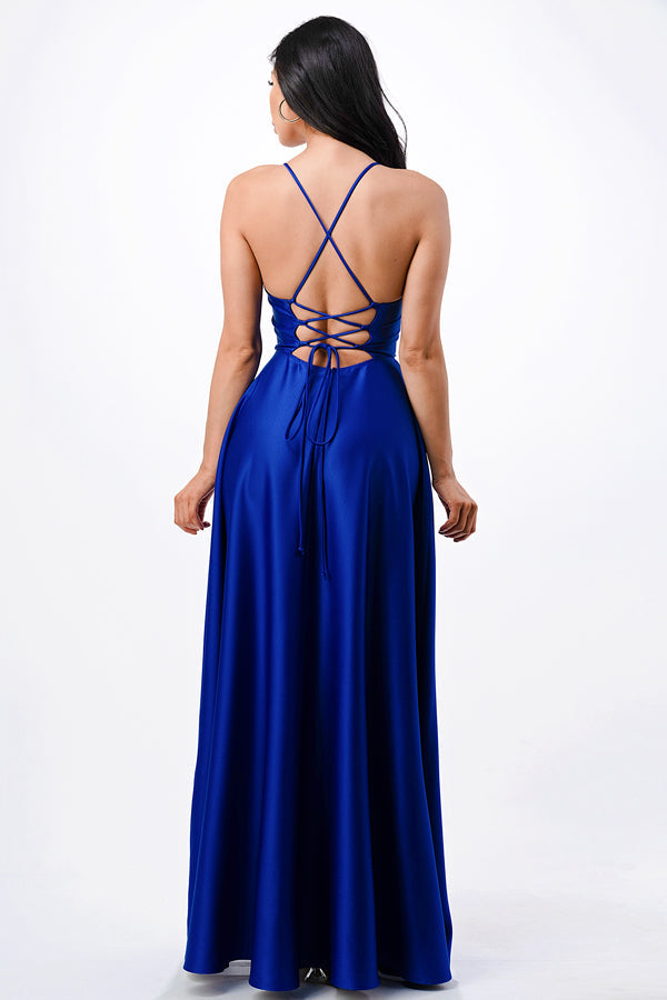 Open side back spaghetti zig zag tie stretch satin gown.