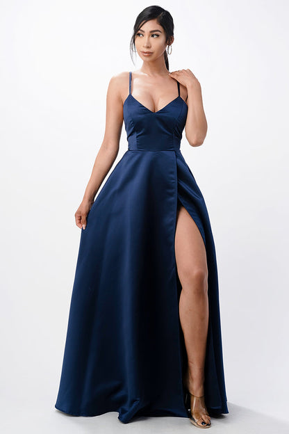 Open side back spaghetti zig zag tie stretch satin gown.