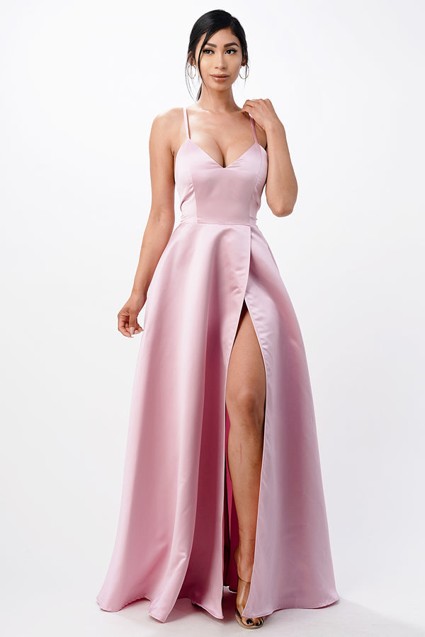 Open side back spaghetti zig zag tie stretch satin gown.
