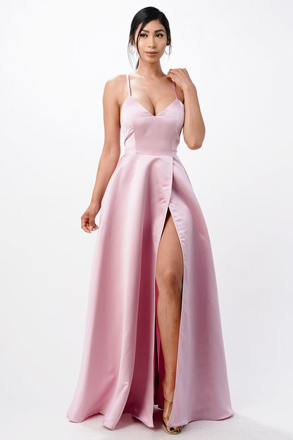 Open side back spaghetti zig zag tie stretch satin gown.