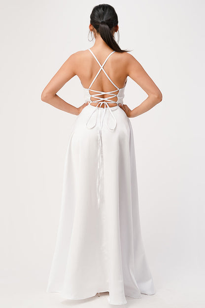 Open side back spaghetti zig zag tie stretch satin gown.
