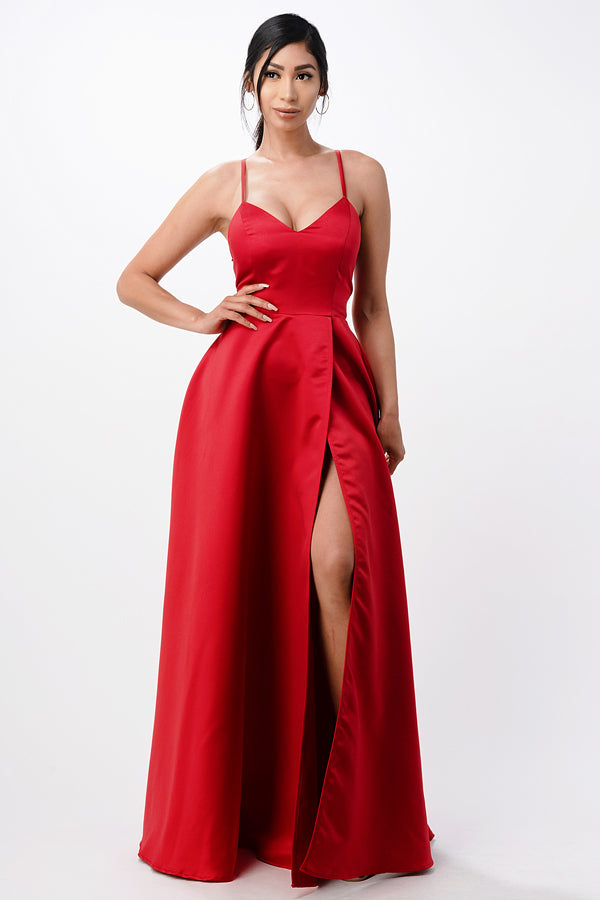 Open side back spaghetti zig zag tie stretch satin gown.