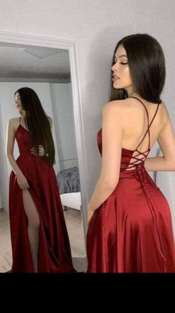Open side back spaghetti zig zag tie stretch satin gown.
