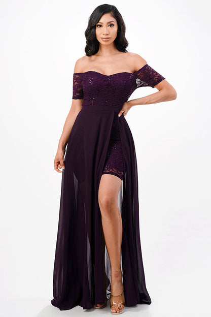 Off the shoulder sequin lace and chiffon dress