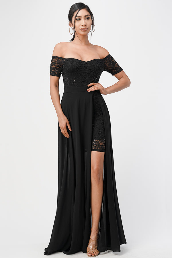 Off the shoulder sequin lace and chiffon dress