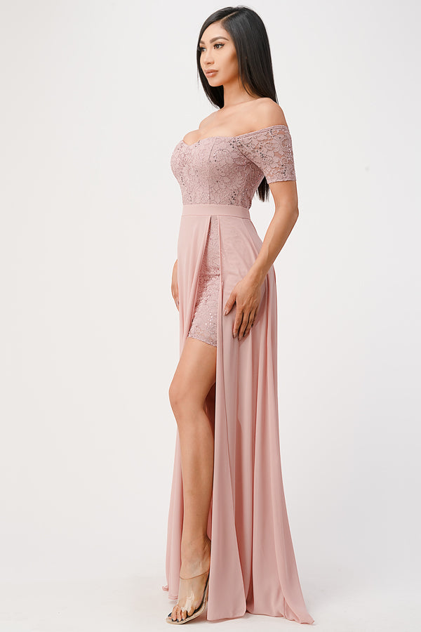 Off the shoulder sequin lace and chiffon dress