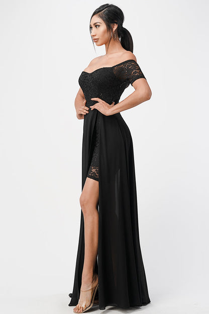 Off the shoulder sequin lace and chiffon dress