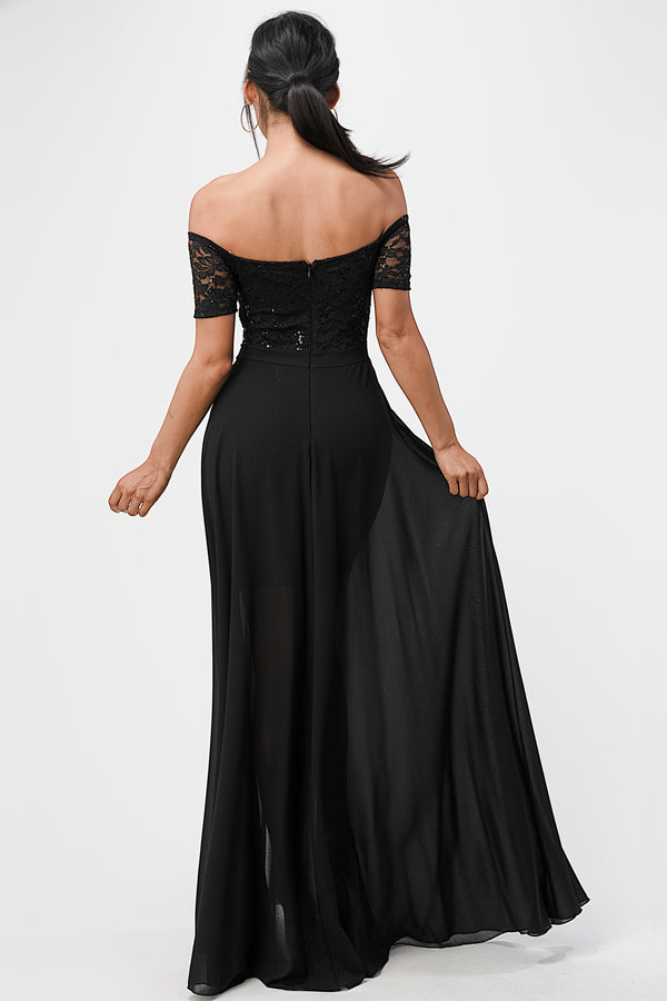 Off the shoulder sequin lace and chiffon dress