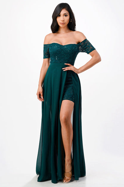Off the shoulder sequin lace and chiffon dress