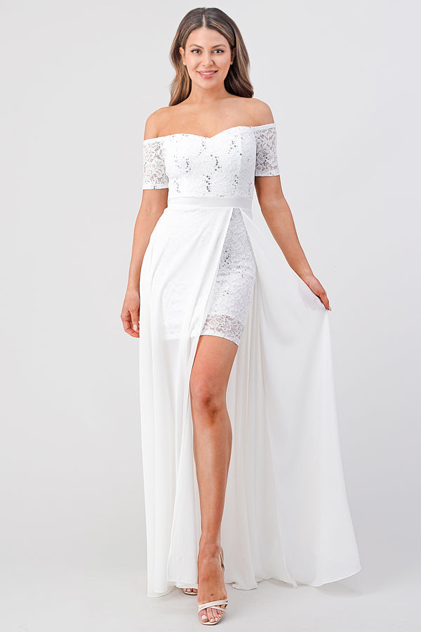 Off the shoulder sequin lace and chiffon dress
