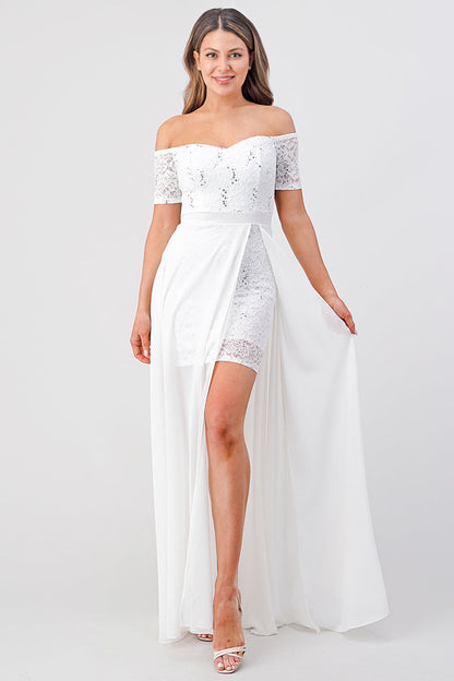 Off the shoulder sequin lace and chiffon dress