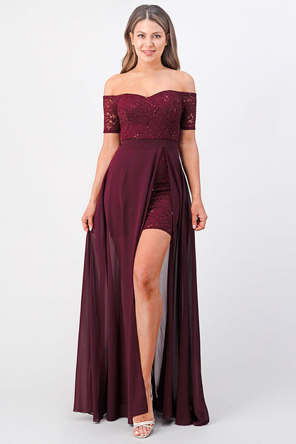 Off the shoulder sequin lace and chiffon dress