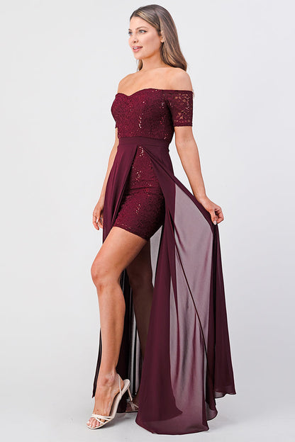 Off the shoulder sequin lace and chiffon dress
