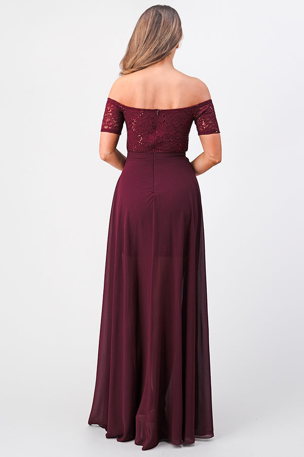 Off the shoulder sequin lace and chiffon dress