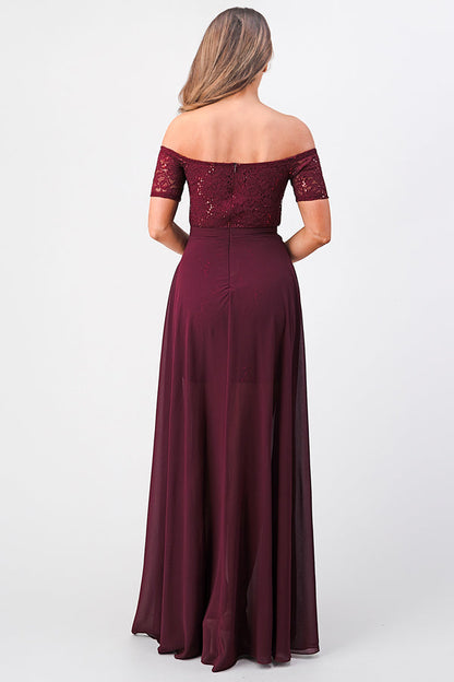 Off the shoulder sequin lace and chiffon dress