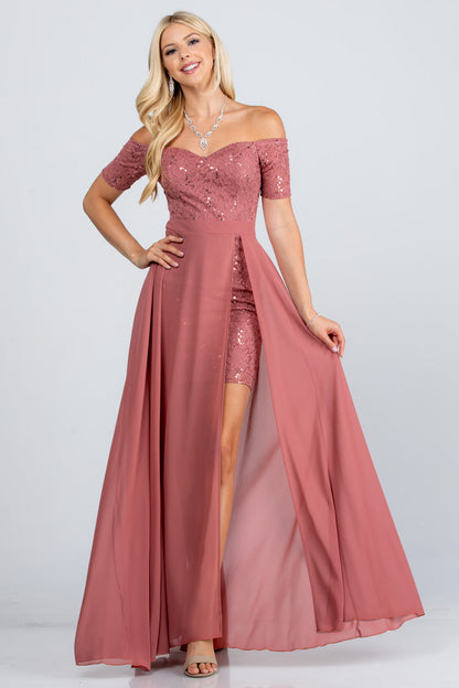 Off the shoulder sequin lace and chiffon dress