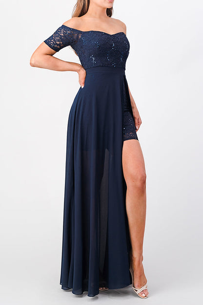 Off the shoulder sequin lace and chiffon dress