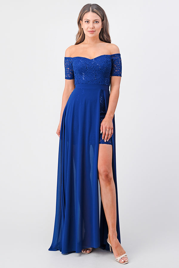 Off the shoulder sequin lace and chiffon dress