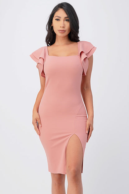 Plus size Ruffle sleeve pencil dress with side slit