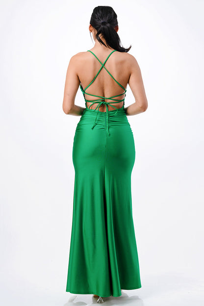 Back lace up mermaid dress with waist shirring and open slit