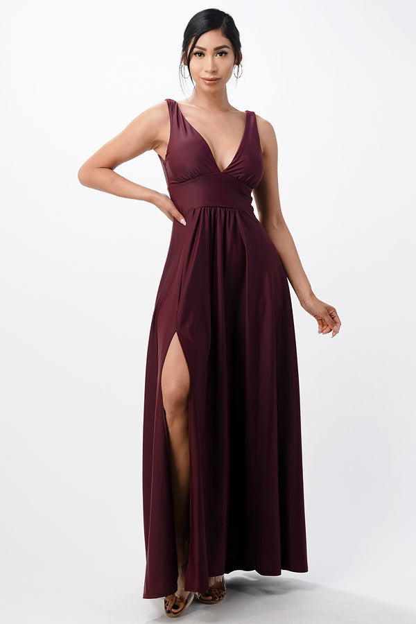 Full tricot deep V-neck A-line dress with side slit
