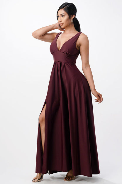 Full tricot deep V-neck A-line dress with side slit