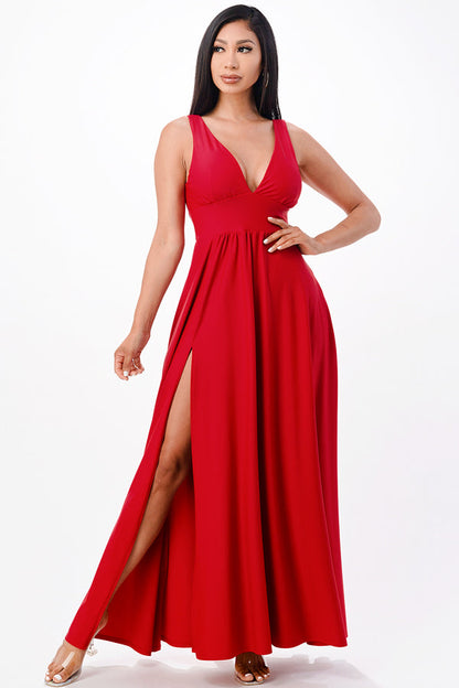 Full tricot deep V-neck A-line dress with side slit