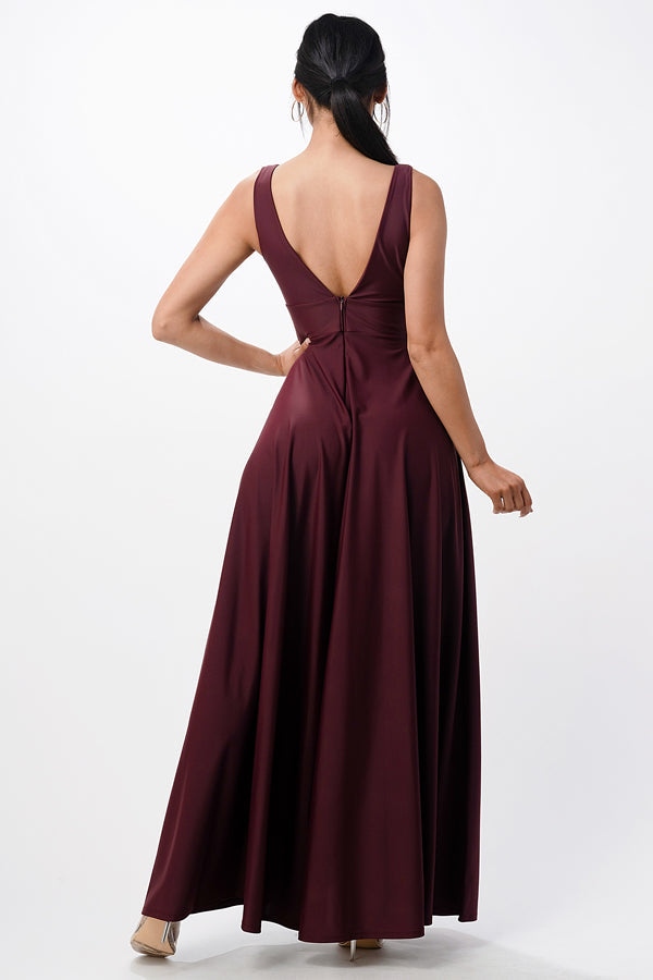 Full tricot deep V-neck A-line dress with side slit