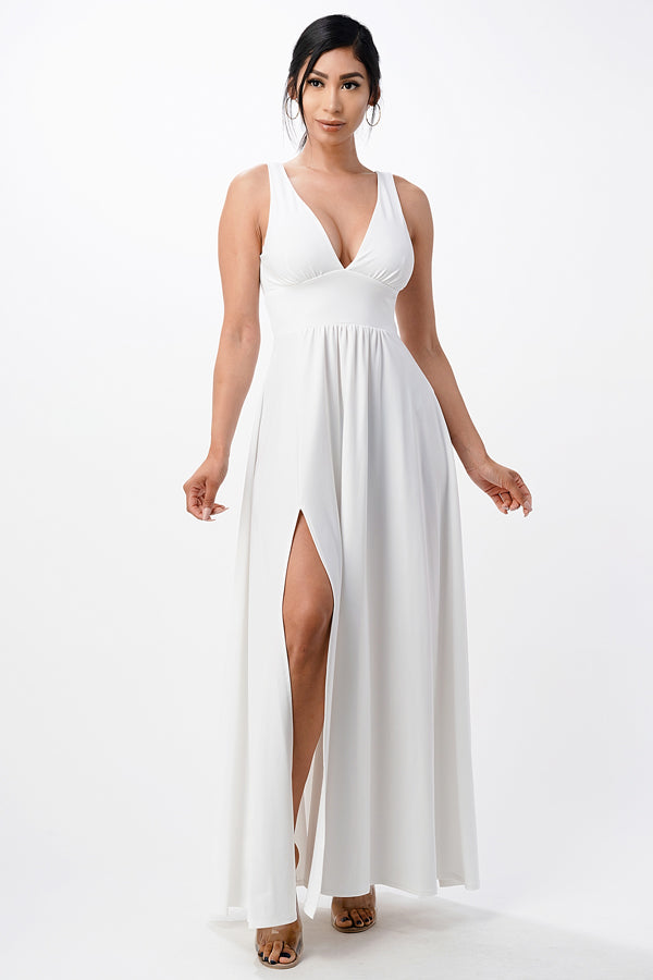 Full tricot deep V-neck A-line dress with side slit