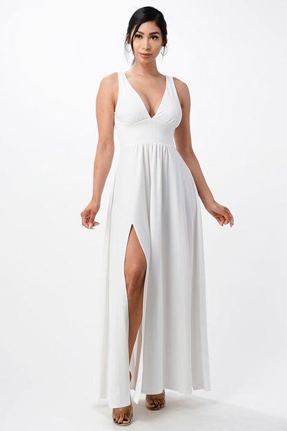Full tricot deep V-neck A-line dress with side slit